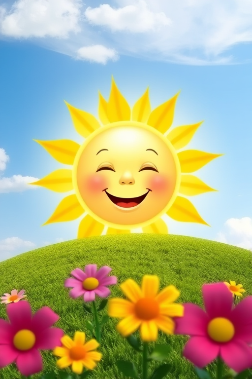 Create an image shows a bright, sun with a smiling baby's face in the center, radiating soft yellow rays. The sun is set against a clear blue sky with a few wispy clouds. Below, there's a lush green grassy hill with colorful, oversized flowers, giving the scene a whimsical, playful atmosphere.