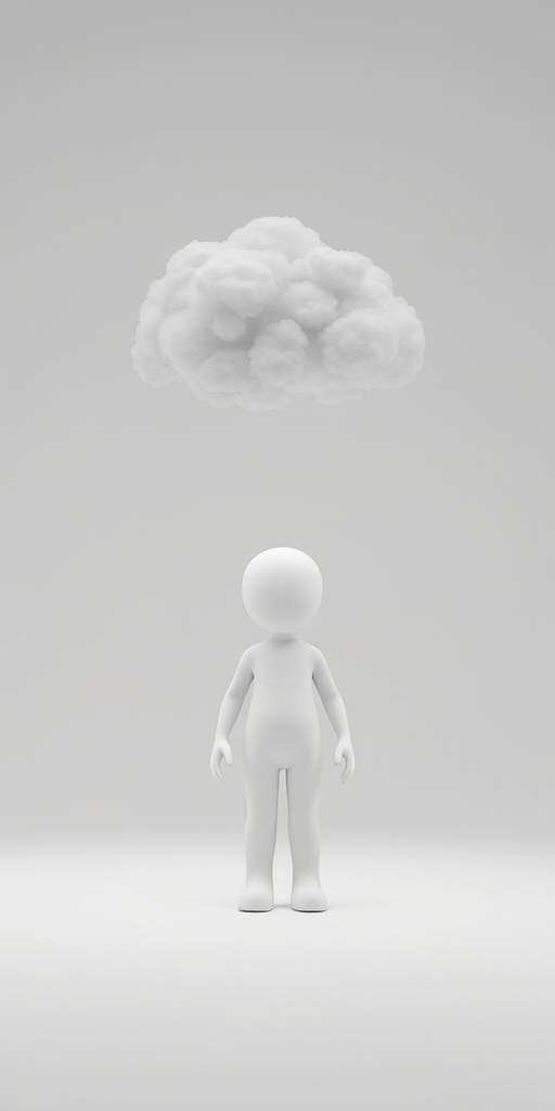 Generate a 3D rendering of a white stick figure standing under a floating gray cloud, using a Canon EOS R5 camera with a 50mm lens, aperture set at f/2.8, ISO 100, and a focal length of 50mm; use a soft light source for a clean and minimalistic background.