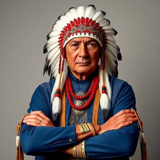 Create a dignified portrait of a Native American man dressed in traditional attire. He wears a beautifully crafted headdress adorned with white feathers and red beads, along with a beaded headband featuring intricate patterns. His clothing includes a deep blue, patterned shirt and a traditional chest piece with detailed beadwork. His arms are crossed, displaying leather armbands decorated with feathers. The background is simple and neutral, emphasizing his proud and stoic expression. The overall image captures the rich cultural heritage and strength of his persona.