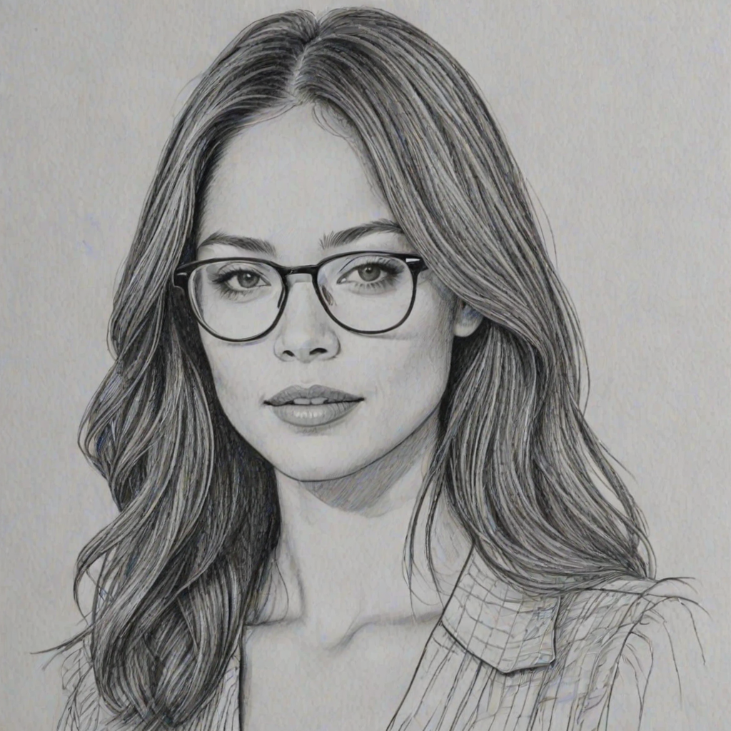 Comely Kristin Kreuk, pencil sketch, portrait of Captivating woman 1973s in glasses, hair style beatnik, outline, clear lines, fine lines, 8k