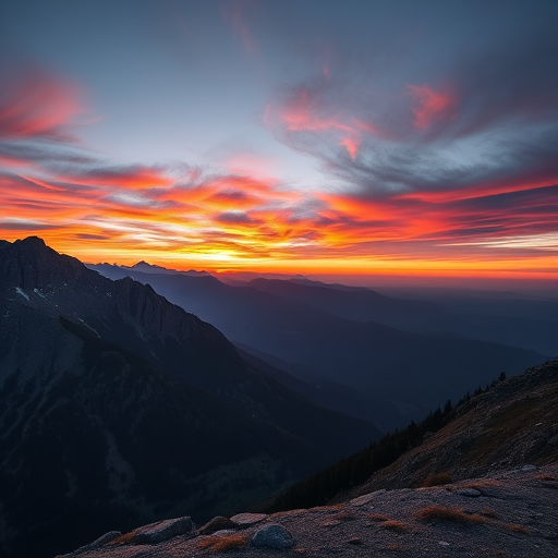Generate a high-quality image of a serene mountain landscape during sunset with vibrant colors, 35mm lens, aperture f/8, ISO 100, shot from a low angle for dramatic perspective, DSLR camera.