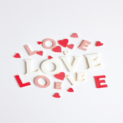 create an abstract image featuring the word "LOVE" in a scattered, overlapping pattern against a textured white background, camera settings: ISO 100, aperture f/8, shutter speed 1/125s, camera view: flat lay, camera style: minimalistic, camera type: DSLR