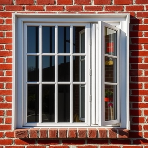 Generate an image of a stylized window with vertical bars on a red brick wall background, using a DSLR camera with a 50mm lens, aperture set to f/4, ISO 100, shutter speed 1/200s, capturing a straight-on view with natural lighting to enhance detail and vibrant colors.