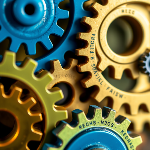 Create an image of interlocking gears in multiple colors like blue, green, and gold, with a focus on detail and texture, using a macro lens, 50mm, f/2.8 aperture, ISO 100, with soft lighting to enhance highlights and shadows.