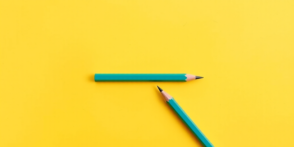 A single teal pencil lying on a soft yellow background, captured with a DSLR camera at f/2.8, 1/100s, ISO 200, top-down view, soft lighting for enhanced shadows and depth.