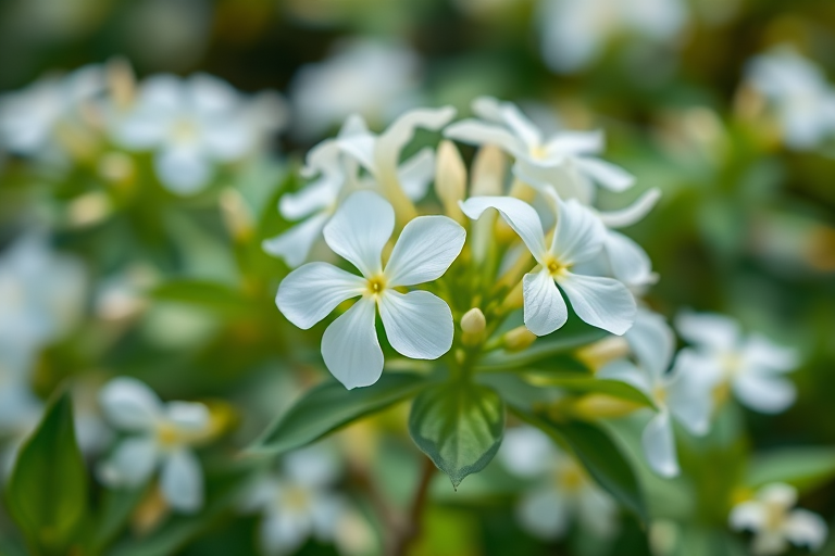 Regenerate an image of blooming white flowers with lush green leaves, shot in soft natural light, using a DSLR camera, 50mm lens, aperture f/2.8, shutter speed 1/200 sec, ISO 100, focused on the flowers with a slight bokeh effect in the background.