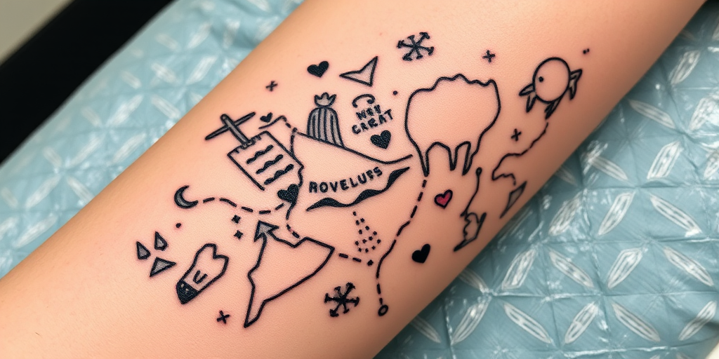 Stick and poke tattoo named "Wanderlust Cartography" featuring a hand-drawn map of imaginary lands and fantastical creatures, with imperfect lines and subtle variations in dot density adding character and charm to the design, perfect for free spirits and adventure seekers who want a unique and personalized tattoo that tells a story of their own making.