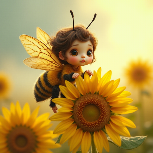 a whimsical cute girl with big eyes, big hair and flowing dress, riding astride a bumble bee, and flying across the top of the sunflower, which are just waking up, and catching dew drop of rain