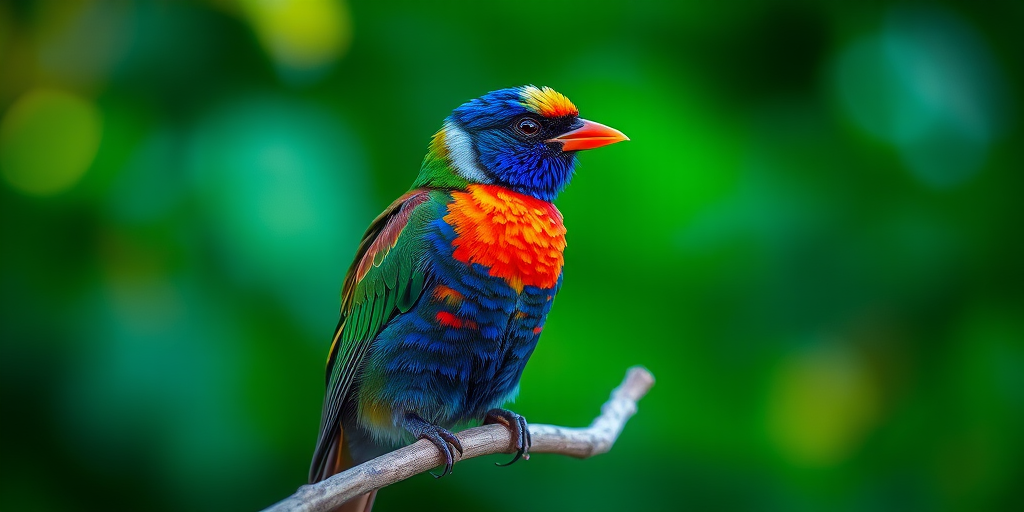 Regenerate a vibrant image of a colorful bird perched on a branch, captured in natural light with a shallow depth of field, using a DSLR camera with a 50mm lens at f/2.8, ISO 200, and an aperture of 4.5, focusing on the bird's features against a blurred green background.