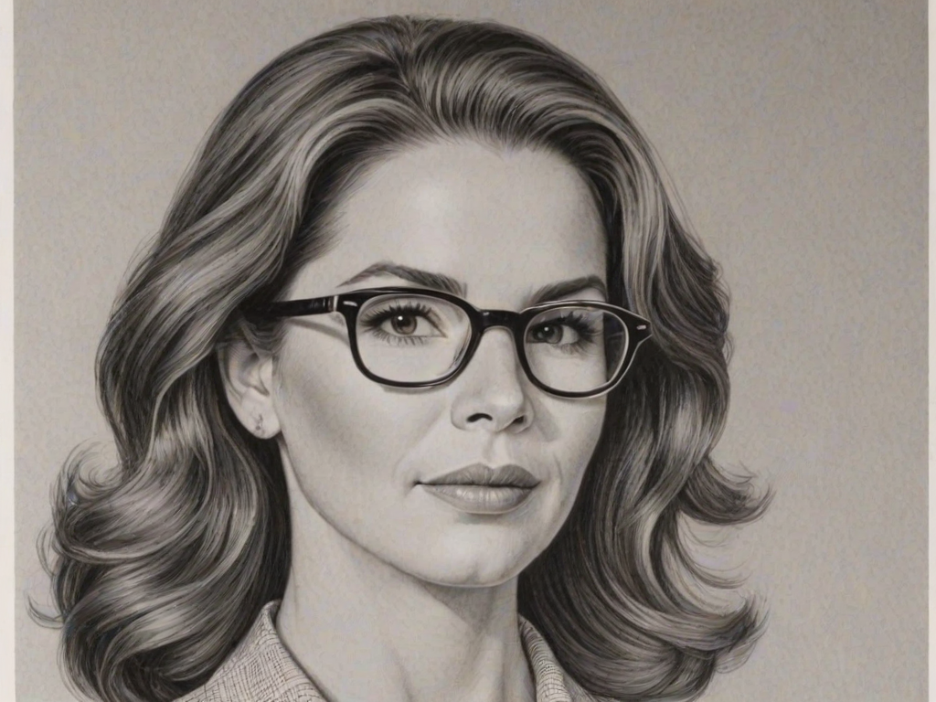 Gorgeous Melissa Gilbert, pencil sketch, portrait of Pleasing woman 1956s in glasses, hair style beatnik, outline, clear lines, fine lines, 8k