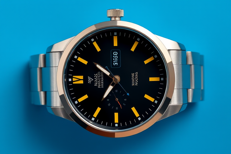 high-resolution image of a silver analog watch with a black face displaying colorful hands and a date window, set against a vibrant blue background, shot with a DSLR camera, 50mm lens, f/1.8 aperture, ISO 100, using a softbox for lighting, top-down view for emphasis on details