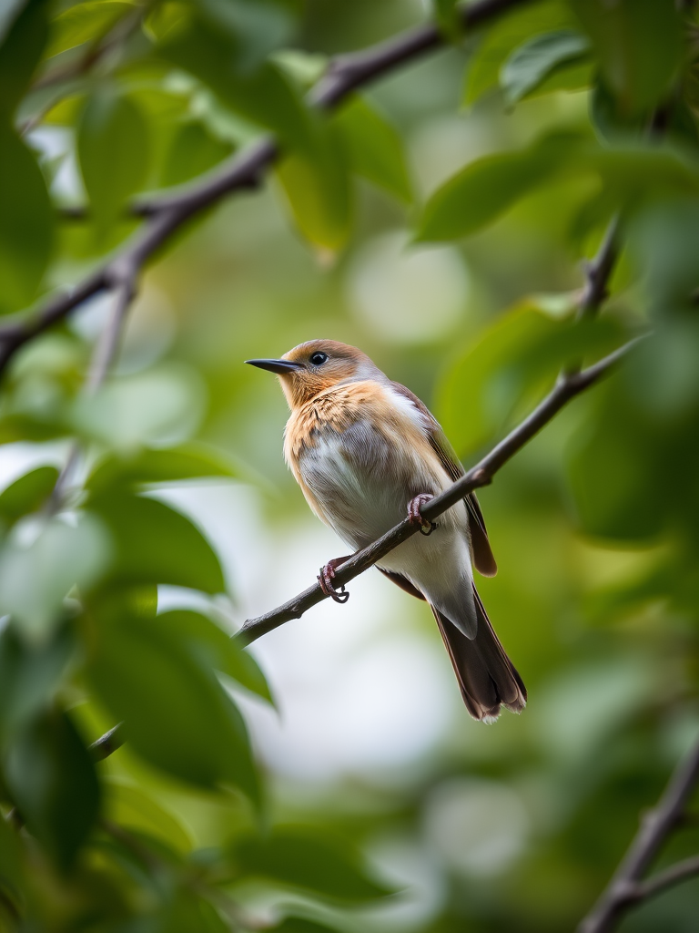 A high-resolution photograph of a bird perched on a branch surrounded by leaves, captured at a low angle with a shallow depth of field, using a DSLR camera with a 50mm lens at f/2.8, ISO 100, and a shutter speed of 1/500 seconds.