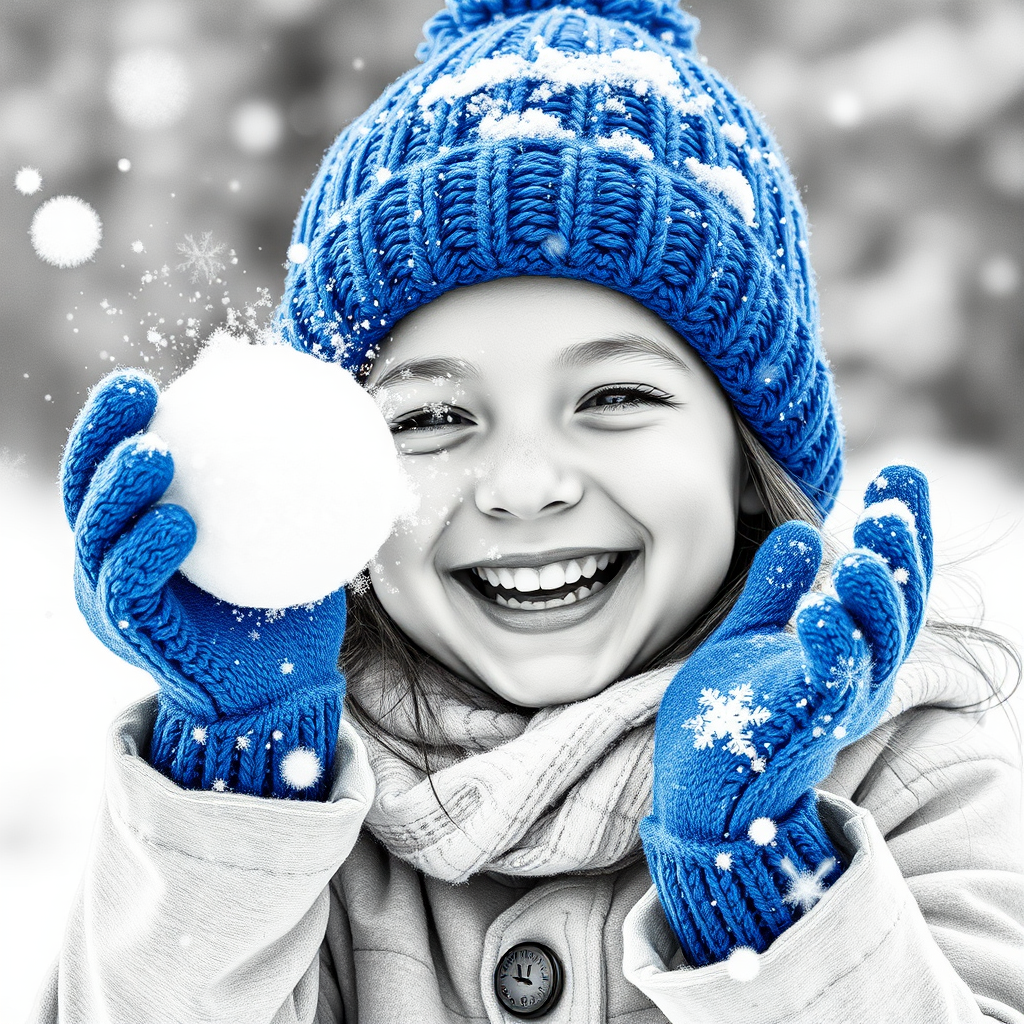 A hyperdetailed photorealistic macro image black and white pencil sketch of a young girl getting hit by a snowball during a snowball fight. She is wearing a brilliant sapphire blue wool beanie and bright blue mittens. She is trying to block the snowball by putting her hands up. The snowball hits her beanie and disintegrates into myriad tiny snowflakes caught with high speed photography. The girl is laughing and having a wonderful time.