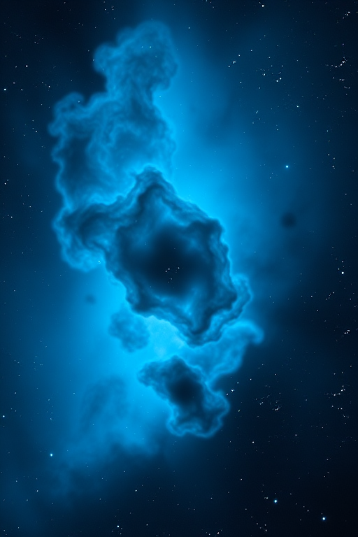 Generate an image of a vibrant blue nebula in space with intricate details and a starry background, using a DSLR camera, 50mm lens, f/2.8 aperture, ISO 100, 30 seconds exposure, shot from a low angle to capture depth and texture.