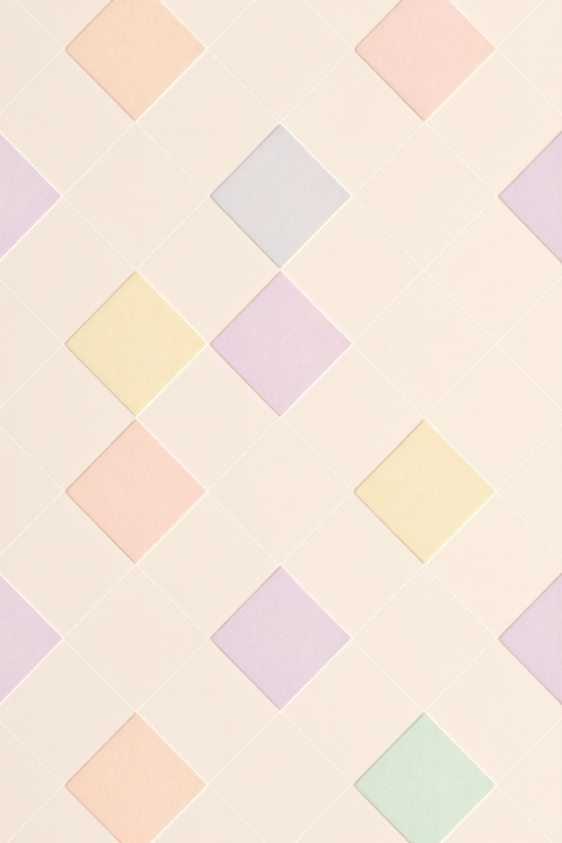 Create a seamless pattern of diamond shapes in pastel colors including light pink, lavender, soft yellow, and mint green on a creamy background, shot with a Canon EOS R5, aperture f/8, ISO 100, 35mm lens, top-down view, studio lighting for enhanced clarity and soft shadows.