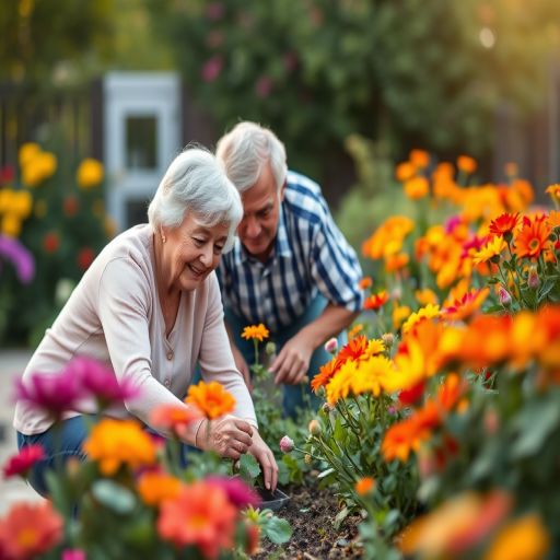 elderly couple tending to a garden with colorful flowers in full bloom, soft natural lighting, shallow depth of field, 85mm lens, f/2.8, ISO 200, taken from eye level with a DSLR camera, vibrant colors and sharp focus on the couple and flowers