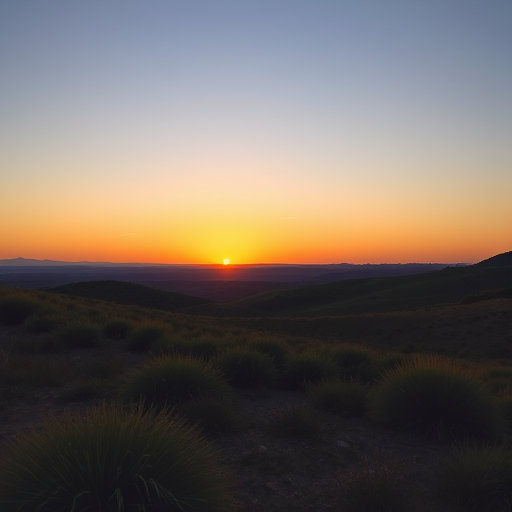 Create a high-resolution image of a serene landscape at sunrise with a clear sky and rolling hills in the background, using a Canon EOS R5 camera, 24mm lens, f/8 aperture, ISO 100, and a shutter speed of 1/250 second, shot from a low angle to capture vibrant colors and detail.