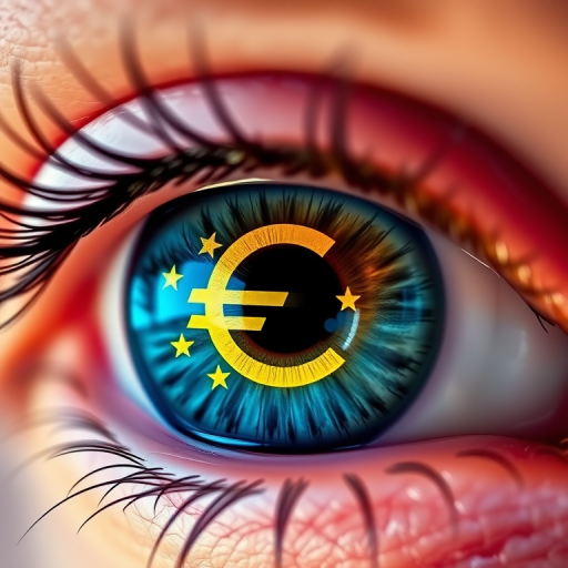 Close-up of a human eye with vibrant blue and orange iris showcasing the Euro symbol and yellow stars reflected in the pupil, using a 50mm lens, f/1.8 aperture, ISO 100, 1/200s shutter speed, taken with a DSLR camera in soft natural light.