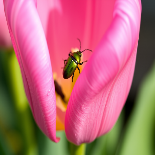 Close-up shot of a pink tulip with a green beetle, capturing water droplets on the petals, using a macro lens at f/2.8, ISO 100, shutter speed 1/250 sec, natural light, DSLR camera.