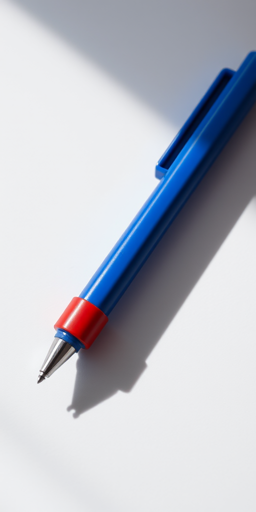 A vibrant blue pen with a red rubber grip casting a soft shadow on a white surface, photographed with a macro lens at f/2.8, ISO 100, 1/250 sec, top-down view, using a DSLR camera to enhance color saturation and detail.
