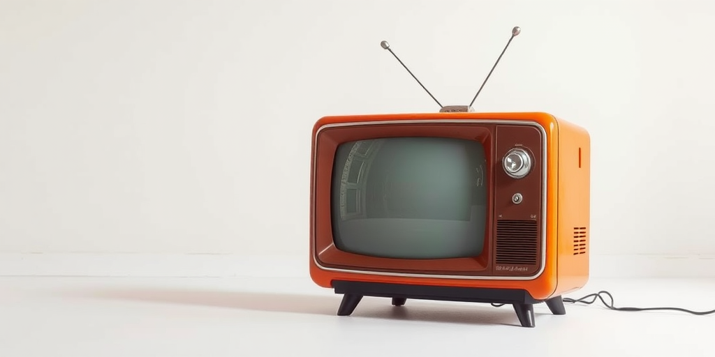 Create a high-resolution image of a vintage television set with a clean, minimalist background using a DSLR camera, aperture set to f/4, ISO 100, shutter speed 1/125s, shot from a slightly elevated angle with a 50mm lens for sharp detail and vibrant colors.