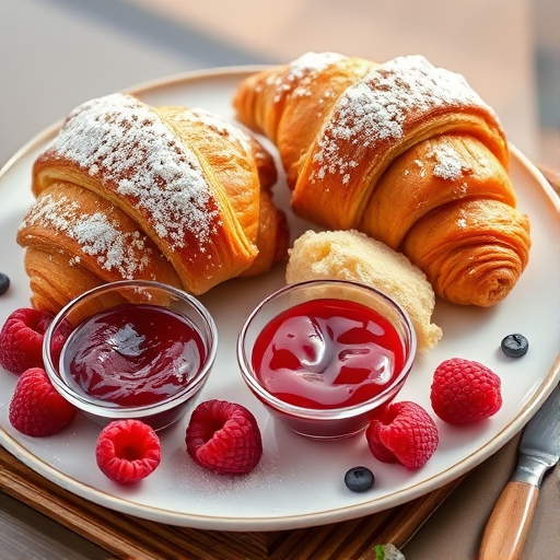 A beautifully arranged plate of freshly baked croissants dusted with powdered sugar, served with a small bowl of raspberry jam and a side of plump raspberries, captured with a Canon EOS R5, 50mm lens, f/2.8 aperture, ISO 200, natural light, shallow depth of field.