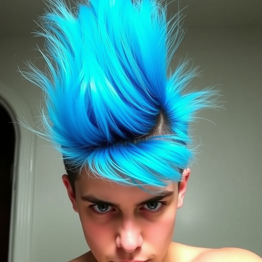Image of a person with their hair styled upright,  in a cylinder shape. The hair  color is neon blue and appears to be held in place by a hair product, giving it a fluffy texture. The background is nondescript, and the person's face is looking at the viewer nervously.