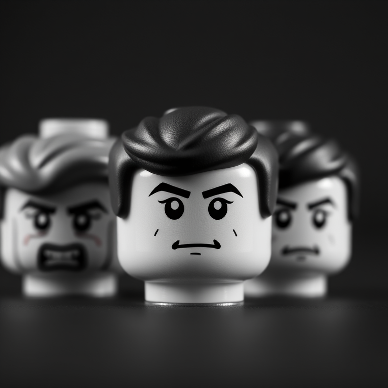 Create a high-contrast black and white image of three LEGO headpieces with varying facial expressions, using a DSLR camera set to f/2.8 aperture, 50mm lens, ISO 100, shallow depth of field, and a slight tilt-shift focus effect to emphasize the central head.