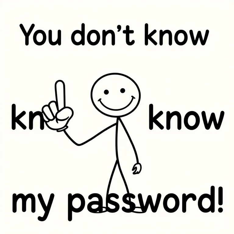 Create an image of a simple cartoon stick figure with a smiley face holding up one hand with a raised finger. The background should be a light color. Add the text You dont know my password in a bold, playful font above the figure.