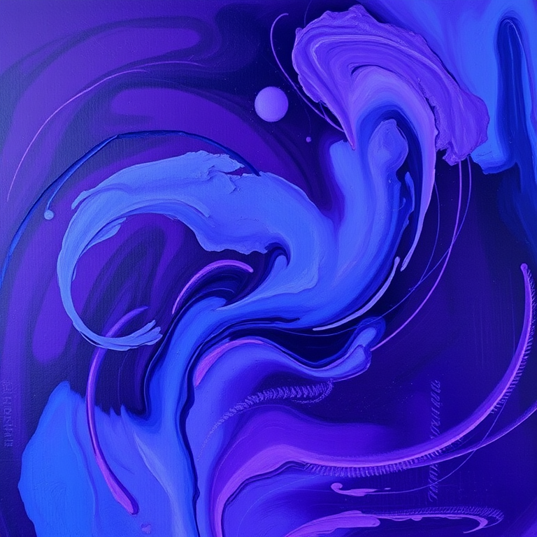 Create an abstract painting with a focus on swirling shades of deep purple and blue, utilizing thick, textured brush strokes to enhance depth and movement, captured with a DSLR camera at ISO 100, aperture f/8, 50mm lens, natural light, slight overhead angle.