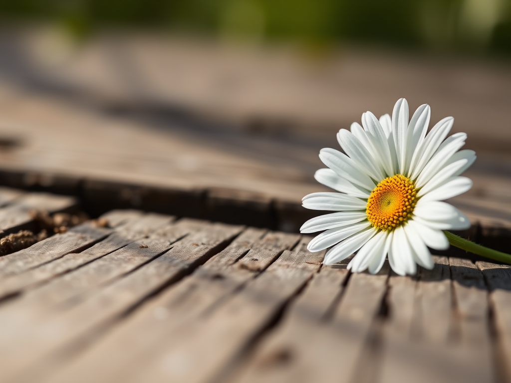 Close-up shot of a white daisy resting on weathered wooden planks, soft natural lighting, aperture f/2.8, shutter speed 1/100s, ISO 200, taken with a macro lens on a DSLR camera, shallow depth of field for a blurred background.