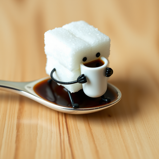 A sugar cube with a face and legs, sitting on a spoon and sipping a tiny cup of coffee.