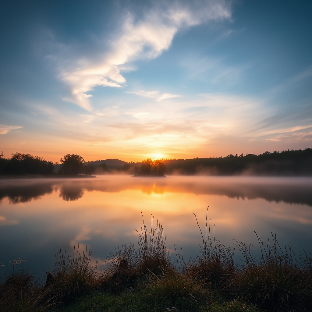Create a high-resolution image of a serene landscape at sunrise with soft mist rising from a calm lake, use a Canon EOS R5, 35mm lens, f/8 aperture, ISO 100, 1/125s shutter speed, wide-angle view to capture the expansive scene and detail in the background.