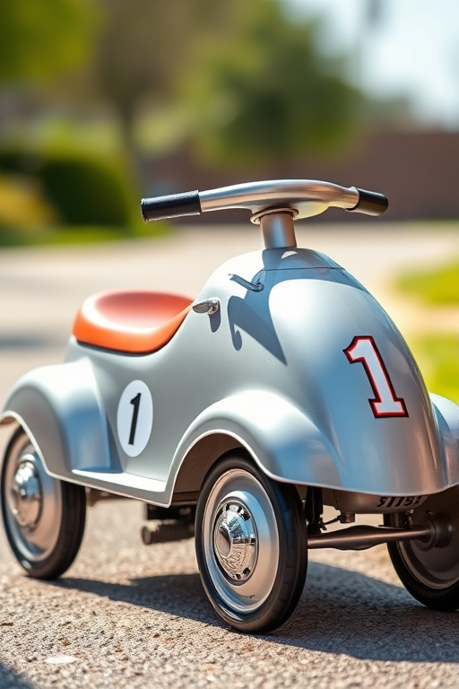 Create an image of a classic children's silver ride-on toy car with a brown seat and the number 1 on the side, taken with a DSLR camera at f/2.8 aperture, ISO 100, 50mm lens, in a bright outdoor setting for vibrant colors and sharp focus.