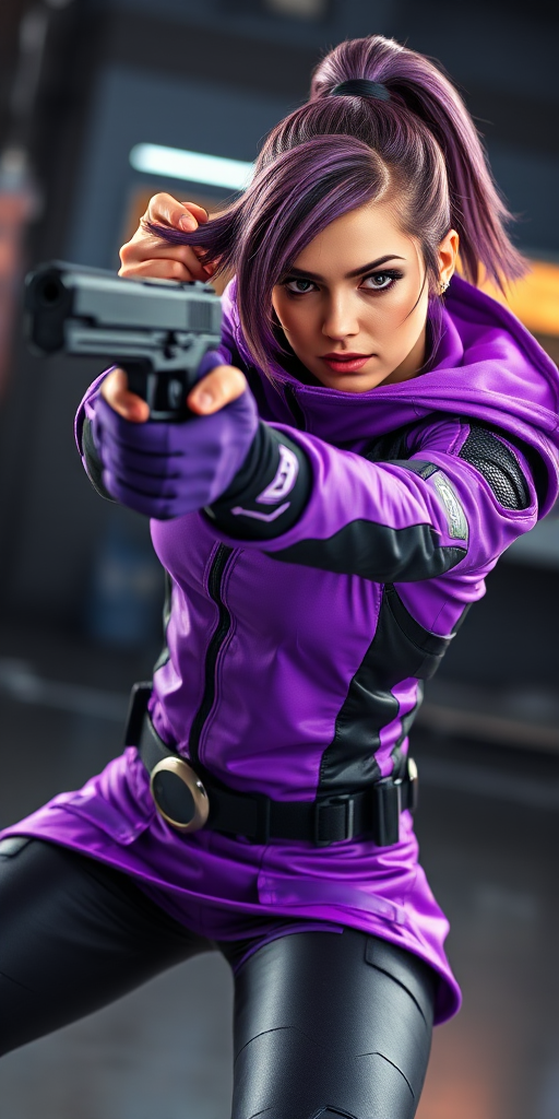 A dynamic action shot of a female futuristic character aiming a pistol, vibrant clothing in shades of purple and black, mid-action pose, high detail, studio lighting, 24mm lens, f/2.8 aperture, ISO 100, 1/500s shutter speed, cinematic perspective, high-resolution digital capture.