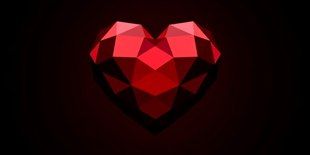 Generate a high-resolution geometric heart shape with deep red facets, using a 50mm lens, f/2.8 aperture, 1/100 sec shutter speed, top-down view, in a digital art style, created with a DSLR camera.