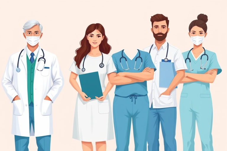 Create a high-resolution illustration of four healthcare professionals standing side by side, featuring a doctor, nurse, and medical staff, using vector art style, soft pastel background, symmetrical layout, 50mm lens, f/8 aperture, ISO 100, natural lighting.