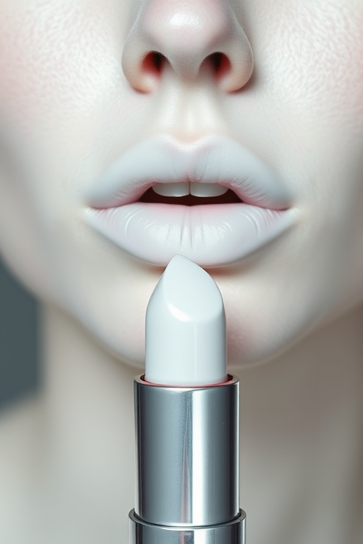 Opaque white "Snow Queen" lipstick with a pearl finish, offering full coverage and a brightening effect for dramatic, editorial-inspired makeup