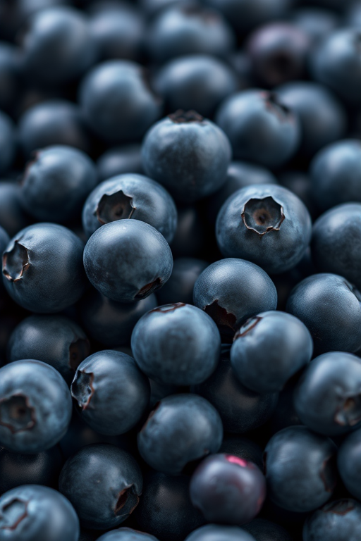 close-up of a pile of fresh blueberries, shallow depth of field, ISO 100, f/2.8, 50mm lens, natural light, DSLR camera