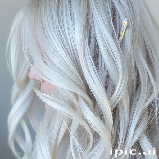 Ethereal silver-white hair flowing in loose, ethereal waves, adorned with iridescent crystal hair pins that catch the light, embodying the ethereal "Stardust Dream" style