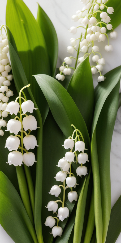 Delicate White Lily of the Valley Flowers Among Fresh Green Leaves