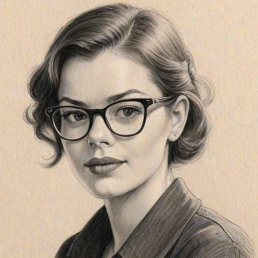 Wonderful Nora Zehetner, pencil sketch, portrait of Wonderful woman 1948s in glasses, hair style beatnik, outline, clear lines, fine lines, 8k