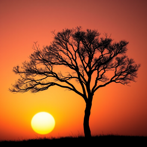 Create a high-resolution minimalist vector image of a silhouette of a tree against a gradient sunset background, using a 50mm lens, aperture f/2.8, ISO 100, in a landscape orientation with a shallow depth of field for smooth bokeh effects.