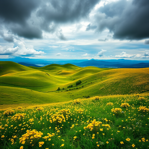 regenerate an image of rolling green hills covered in bright yellow flowers under a dramatic cloudy sky with distant blue mountains, use a DSLR camera, aperture f/8, ISO 100, 24mm lens, HDR processing for enhanced detail and vibrant colors