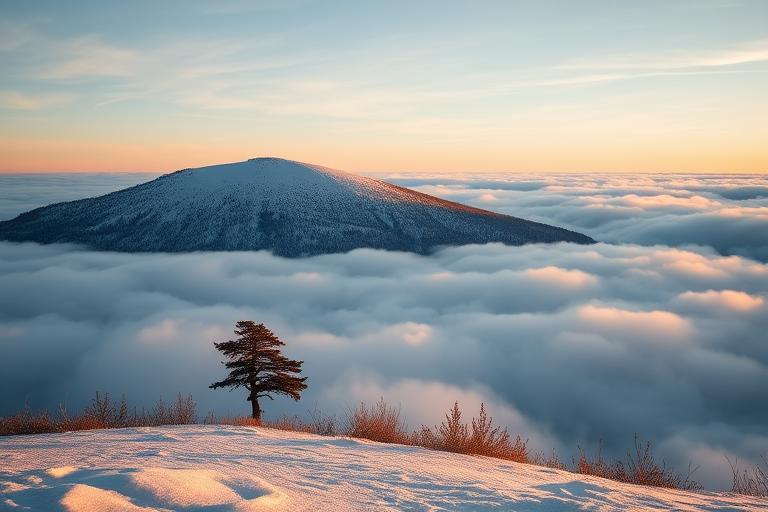 snow-covered hill with a single tree in the foreground above a sea of clouds, early morning light, DSLR camera, aperture f/8, shutter speed 1/250s, ISO 100, 50mm lens, landscape view, low angle