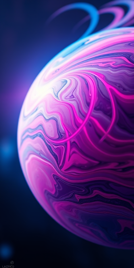 Create a vibrant abstract image of a planet with swirling pink and blue colors, using a DSLR camera at ISO 200, f/2.8, 1/60 sec exposure time, with a macro lens and a close-up view for enhanced detail and quality.