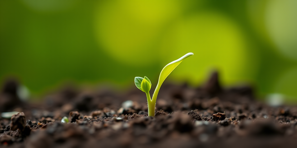Close-up of a young green plant sprouting from soil with a softly blurred green background, shot with a DSLR camera at f/2.8 aperture, ISO 100, 50mm lens to enhance depth of field and clarity.
