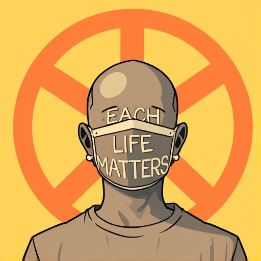 Create an illustration of a faceless person with a peace sign background, wearing a mask that says "EACH LIFE MATTERS," using a Canon EOS R5 with a 50mm lens, aperture f/1.8, ISO 100, and natural soft lighting to enhance image quality.