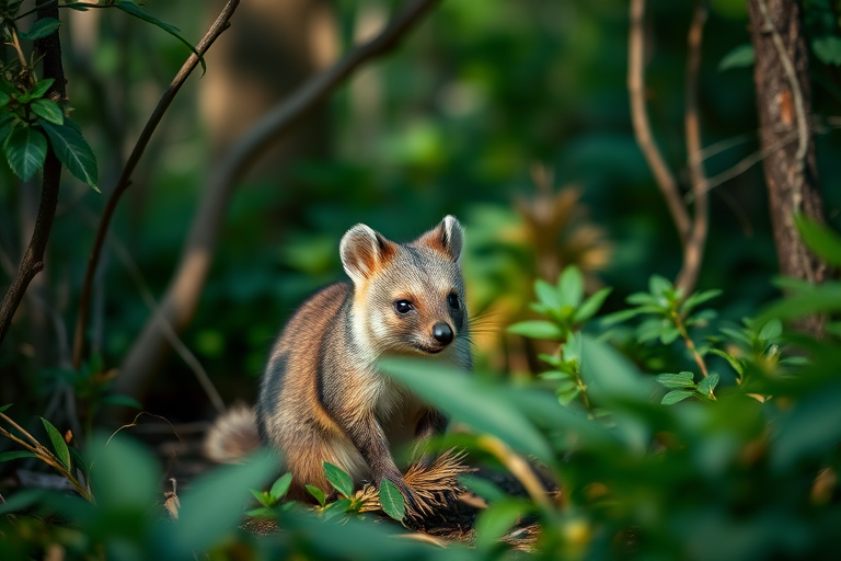 quokka in a dense, lush forest environment, captured with a shallow depth of field, ISO 200, f/2.8, 1/125s, 50mm lens, natural lighting, macro photography style, DSLR camera
