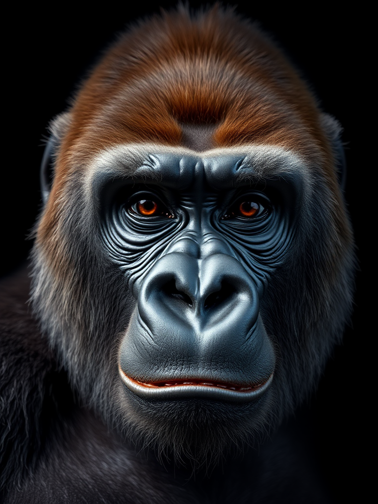 Create a highly detailed and realistic portrait of a gorilla's face with a black background, using a Canon EOS 5D Mark IV camera, 50mm lens, aperture f/1.8, ISO 100, and a focus on sharp facial features and textures, capturing natural lighting for enhanced depth.